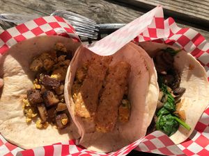 First three breakfast tacos! at The Vegan Nom - E Cesar Chavez  in Austin