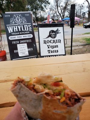 Jorge's "beef" burrito and a little people watching 👀 at The Vegan Nom - E Cesar Chavez  in Austin