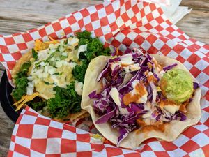 Avocado Royale and Birdie Sander vegan tacos at The Vegan Nom - E Cesar Chavez  in Austin