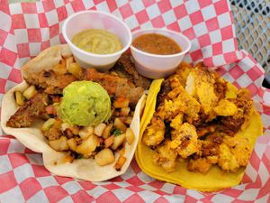 The Mi Ranchito (left) and the Three Amigos breakfast tacos at The Vegan Nom - E Cesar Chavez  in Austin