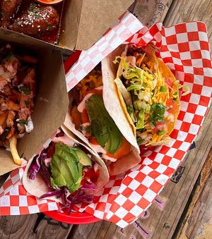 KBBQ taco, Super Fresca taco, La Bodega taco  at The Vegan Nom - E Cesar Chavez  in Austin