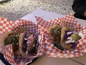 Al pastor x2, bbq short rib and del rey fish tacos.  at The Vegan Nom - E Cesar Chavez  in Austin
