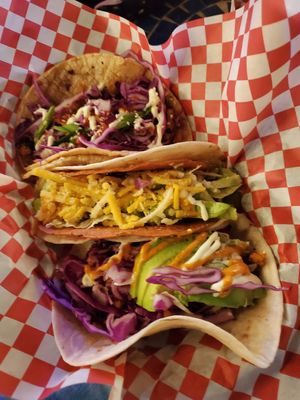 Korean BBQ, double decker and fish taco at The Vegan Nom - E Cesar Chavez  in Austin