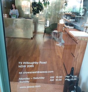 Opening times and location. at Aesop in Crows Nest