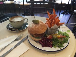 BBQ jackfruit sandwich with coleslaw and sweet potato fries  at Coco's Canteen  in Weston-super-mare