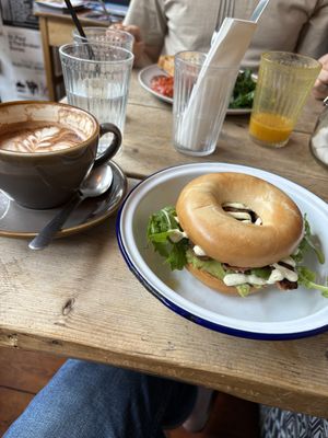 Vegan guac and sausage bagel  at The Crafty Egg in Bristol