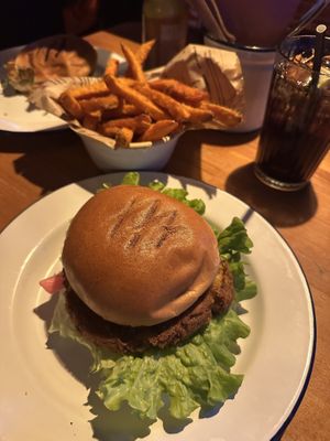 Falafel burger with sweet potato fries   at Smithy's Tavern in Huez