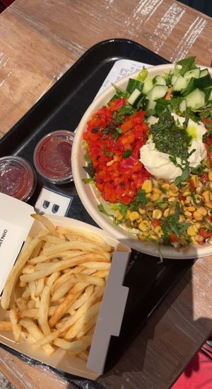 burrata bliss salad and air-baked fries with beet ketchup  at Beatnic - Williamsburg in Brooklyn