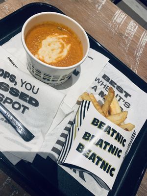 Tomato soup and air baked fries   at Beatnic - Williamsburg in Brooklyn