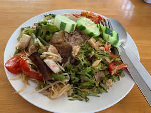 50 baht meal with brown rice, very healthy at Vegetarian Food Ratsamitham Foundation in Chiang Mai