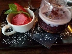 black rice pudding and berry sorbet  at Lime in Galway