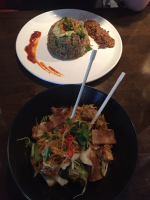 Vegan nasi goreng (+ ‘duck’ skewer) and vegan Singapore noodles (+vegan bacon) at Lime in Galway