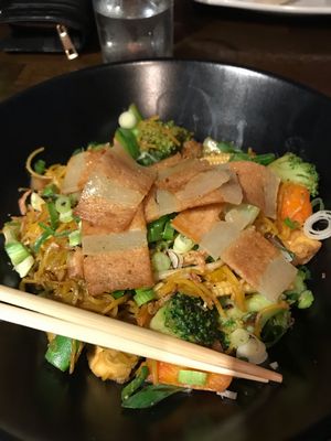 Vegan Singapore noodles with vegan bacon at Lime in Galway