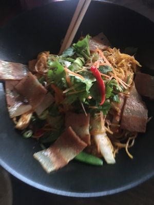 Singapore Noodles with faken bacon at Lime in Galway