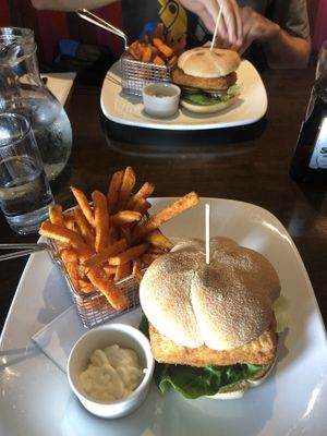 Vegan tofu burguer with sweet potatoes fries and garlic mayo at Lime in Galway
