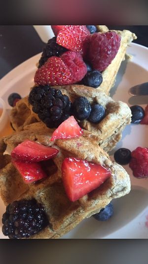 GF + Vegan Buckwheat Waffles with mixed berries at Honey Cup Coffee and Kitchen in Oxnard