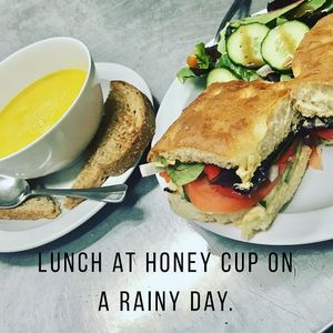 Hummus Veggie Sandwich and Cashew Ginger Soup

 at Honey Cup Coffee and Kitchen in Oxnard
