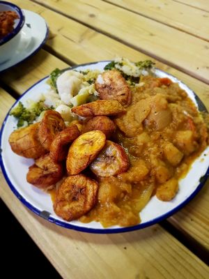 Breadfruit curry with veg and plantain at Jerk Shack in Manchester