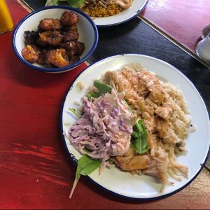 Jerk jackfruit, rice and peas and plantain (£7.50 for all of this!) at Jerk Shack in Manchester