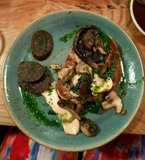 Wild mushrooms on toast + extra vegan black pudding at Trof NQ in Manchester