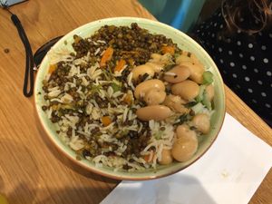 Two types of lentils with plain rice at Kitniya in Tel Aviv