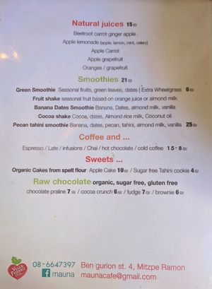 Menu side 1 at Mauna - Vegan Kitchen in Mitzpe Ramon