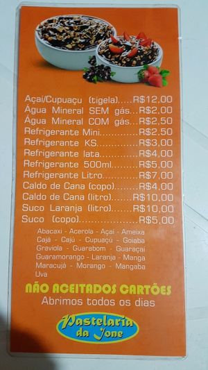 drinks menu  at Pastelaria da Ione in Joao Pessoa