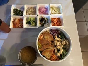 Mixed grain tofu bowl with side of tofu pancakes. Everything else comes with! Cilantro salad (upper left) was amazing. at Mixed Grain in Walnut Creek