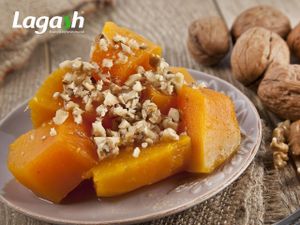 Kabak tatlisi, pumpkin dessert with chopped walnuts.
 at Lagash in Genk