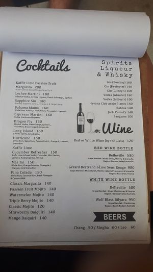 Menu at South Beach Cafe in Koh Tao