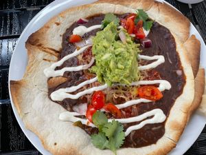 Vegan breakfast with refried beans at Moose Coffee in Manchester