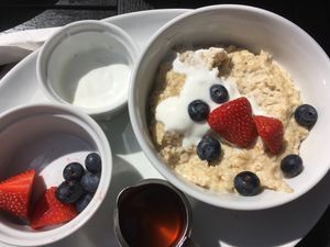 Superrrr! Porridge pat with fruit and soyyohurt #mmmm at Moose Coffee in Manchester