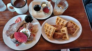 Stuffed french toast. Chicken & waffles at The Wild Chive in Long Beach