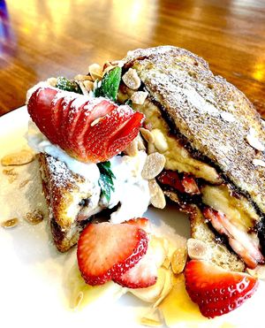 Vegan French Toast stuffed with homemade Nutella and bananas ❤️  at The Wild Chive in Long Beach