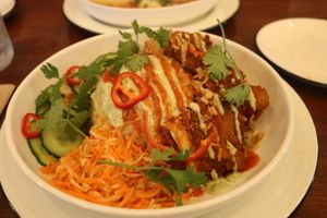This is also a special that was amazing. Coconut rice, fried oyster mushrooms. A Bahn mi bowl. Amazing at The Wild Chive in Long Beach