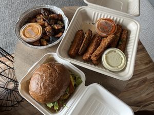 Side of potatoes, zucchini sticks, and wild shroom burger (or breakfast in bread?)  at The Wild Chive in Long Beach