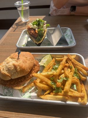 Crispy chicken sandwich with mayo and pickles, and a shrimp taco!  at Branch Out in Paducah