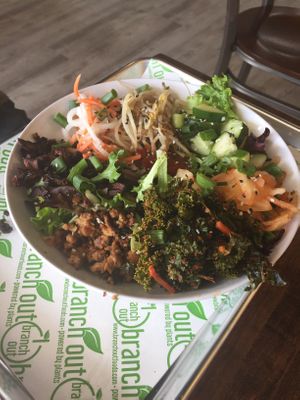 Korean Bibimbop bowl. We got it over greens instead of rice. Very flavorful with an assortment of textures and a zip from the Kim chi. $10 at Branch Out in Paducah