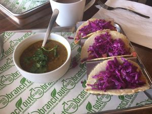 Fish tacos made with hearts of Palm have a really creamy sauce and nice bite with pickled cabbage. Corn tortillas taste homemade. Served with a side of hearty turmeric dal! Yum! $8 at Branch Out in Paducah