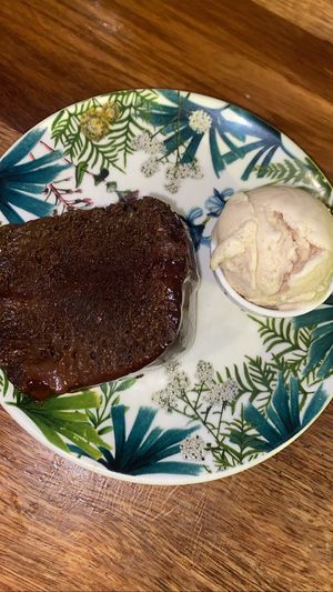 Dessert- chocolate cake and peanut ice cream   at Helecho in Medellin