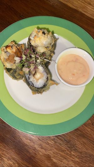 Sushi sticks- tofu and cashew cream cheese, amazing sauce and really tasty  at Helecho in Medellin