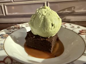 Brownie with matcha ice cream  at Helecho in Medellin