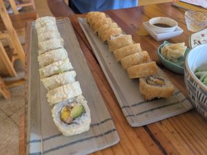 Tempura roll and golden roll at Helecho in Medellin