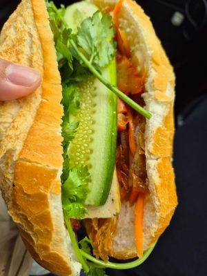 Banh mi $8.00: ok, quite dry even though there was a little bit of mayo in the middle; filling of pork slices, thinly sliced char siu, and salad at Bo De Tam Nha Hang Chay in Cabramatta