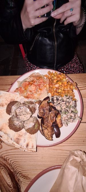 Falafel plate with eggplant, black eyed beans, pumpkin, hummus at The Chickpea in Crete