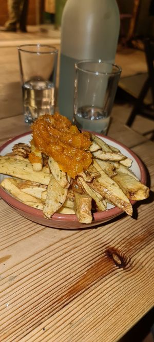 Fries with pumpkin chutney at The Chickpea in Crete