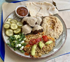 Spicy Falafel plate w/bulgur & spring onions instead of  beetroot  at The Chickpea in Crete