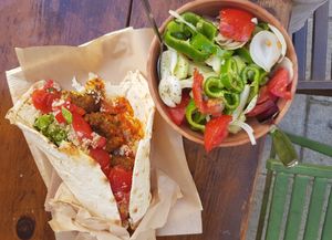 Falafel wrap + Greek salad at The Chickpea in Crete