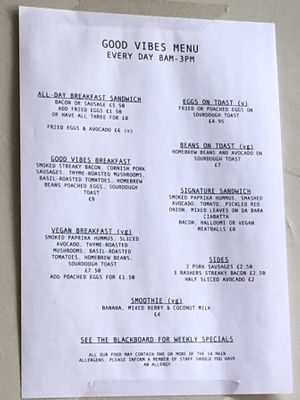 the menu at Good Vibes Cafe in Falmouth