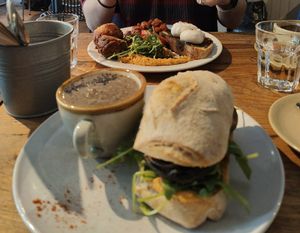 mushroom ciabatta and soup OTD, and a veggie English breakfast at Good Vibes Cafe in Falmouth